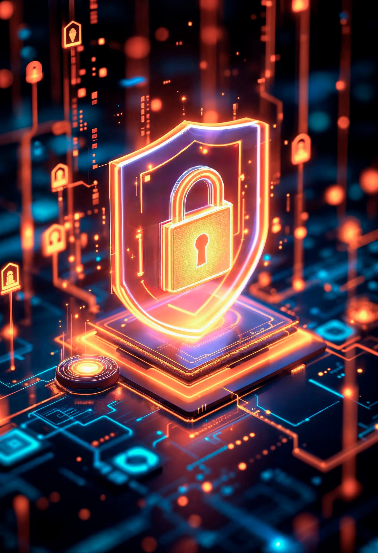 Data protection and cybersecurity controls represented as layered digital safeguards.