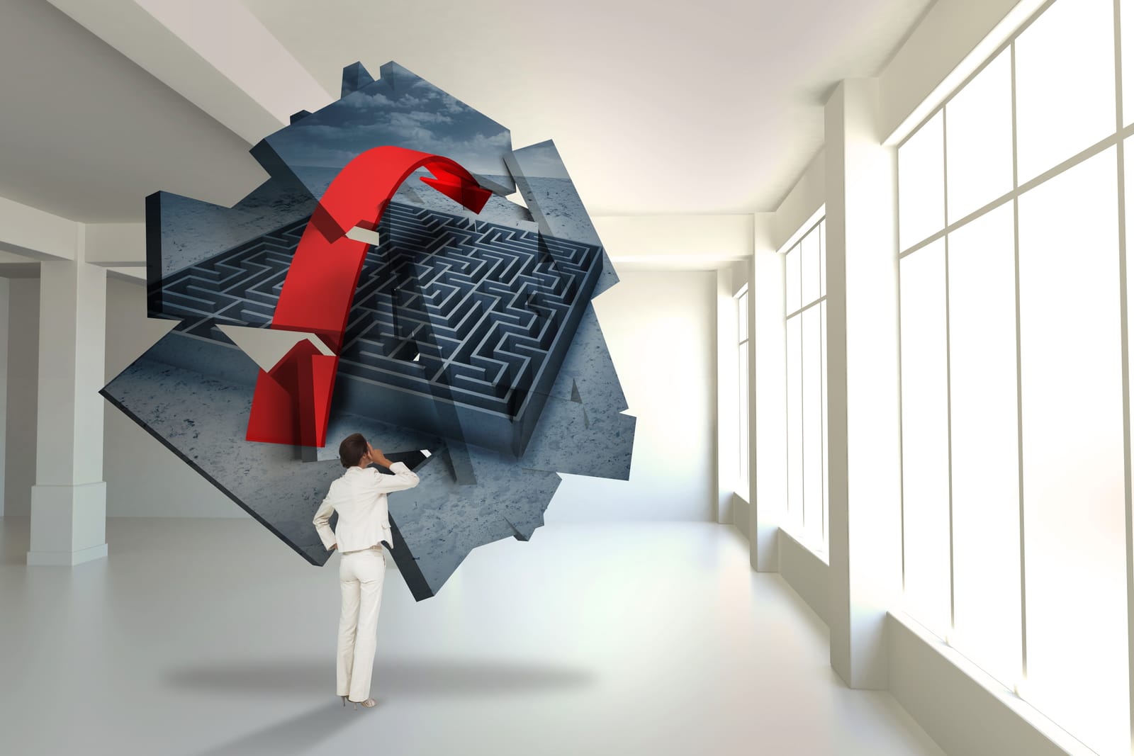Executive considering a complex decision pathway rendered as a maze.